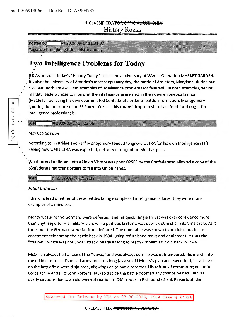  NSA HISTORY ROCKS-TWO INTELLIGENCE PROBLEMS FOR TODAY