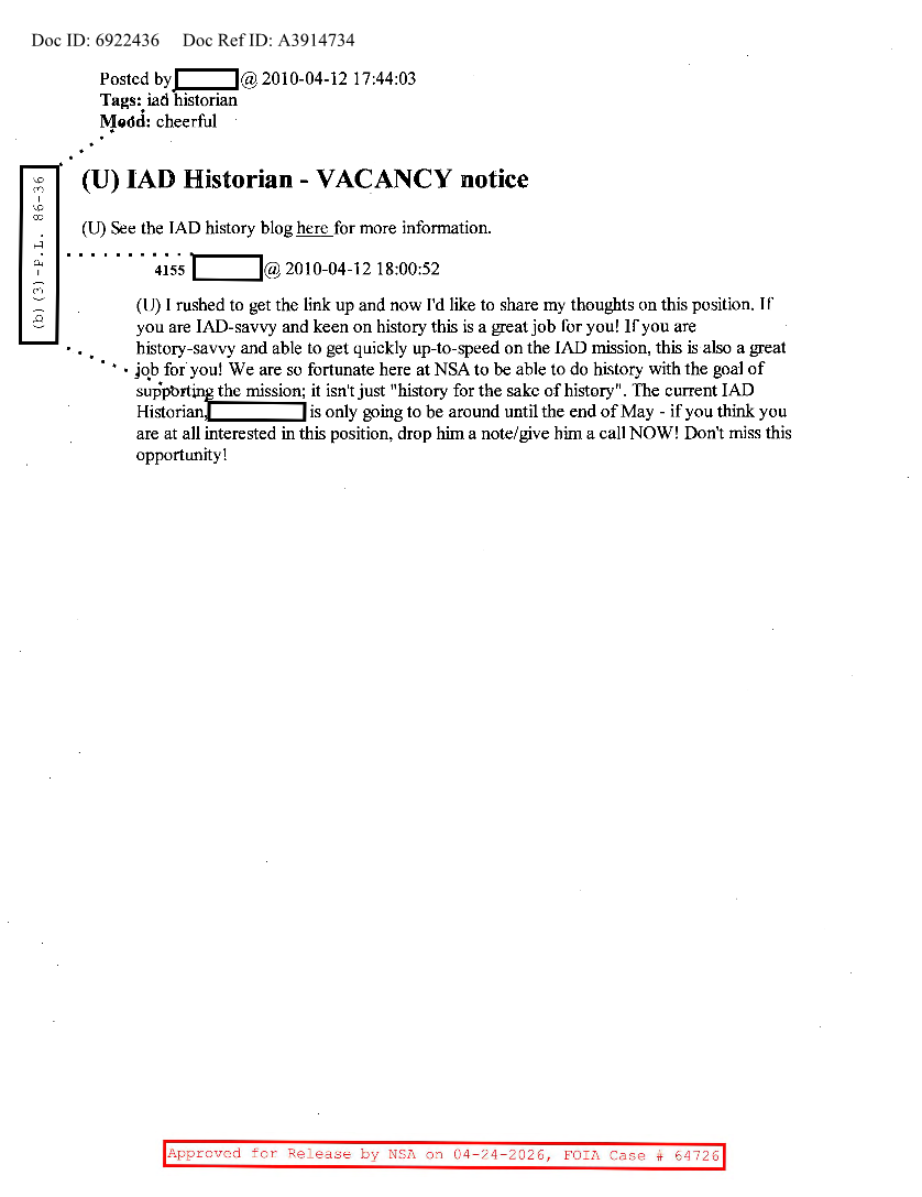  NSA HISTORY ROCKS-IAD HISTORIAN-VACANCY NOTICE