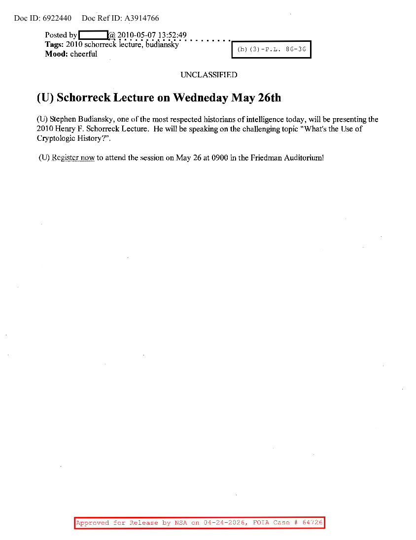  NSA HISTORY ROCKS-SCHORRECK LECTURE ON WEDNESDAY MAY 26TH