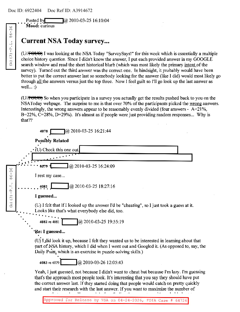 NSA HISTORY ROCKS-CURRENT NSA TODAY SURVEY...