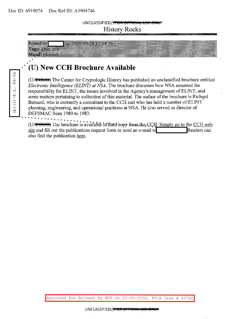  NSA HISTORY ROCKS-NEW CCH BROCHURE AVAILABLE