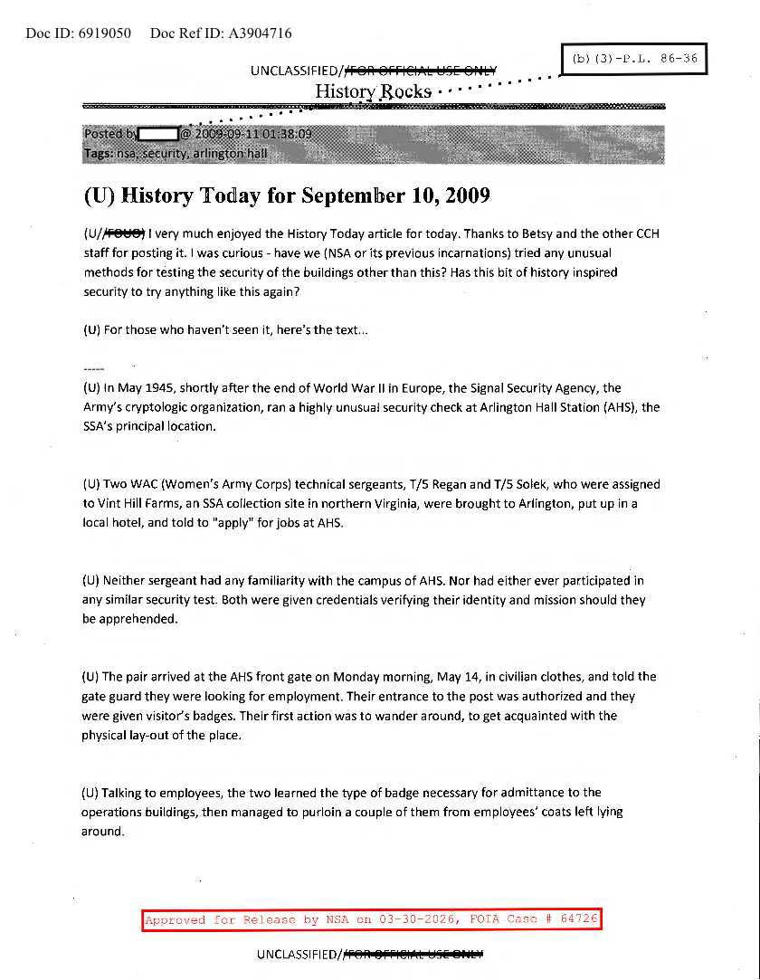  NSA HISTORY ROCKS-HISTORY TODAY FOR SEPTEMBER 10, 2009