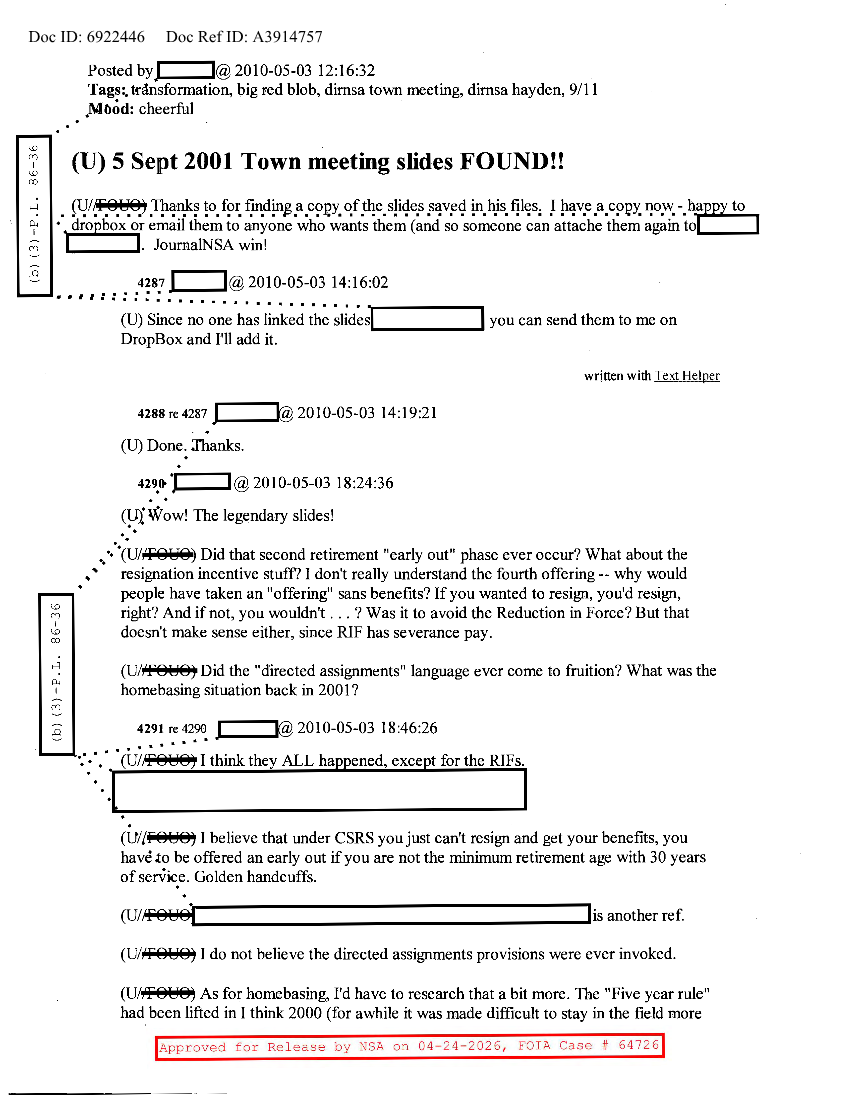  NSA HISTORY ROCKS-5 SEPT 2001 TOWN MEETING SLIDES FOUND!!