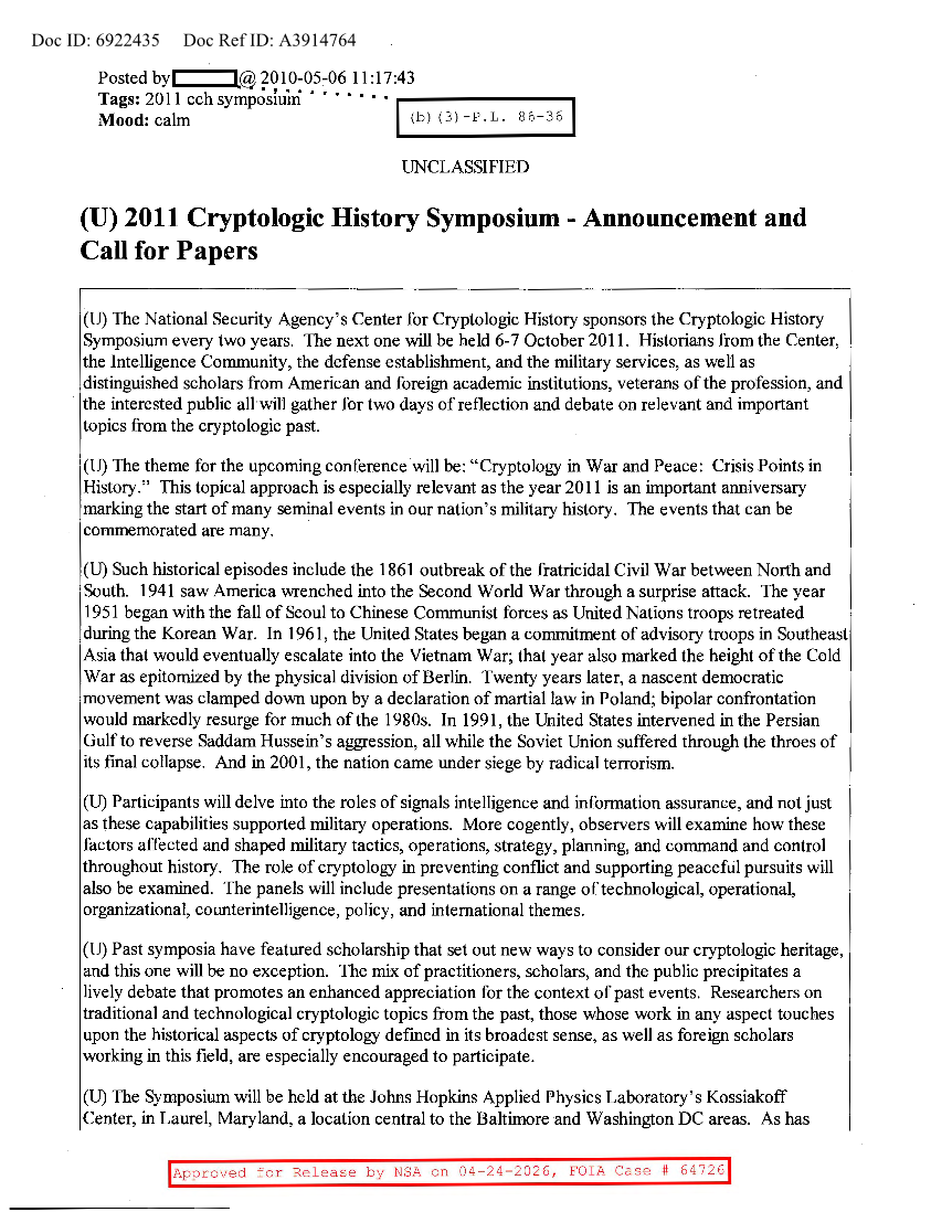  NSA HISTORY ROCKS-2011 CRYPTOLOGIC HISTORY SYMPSIUM-ANNOUNCEMENT AND CALL FOR PAPERS