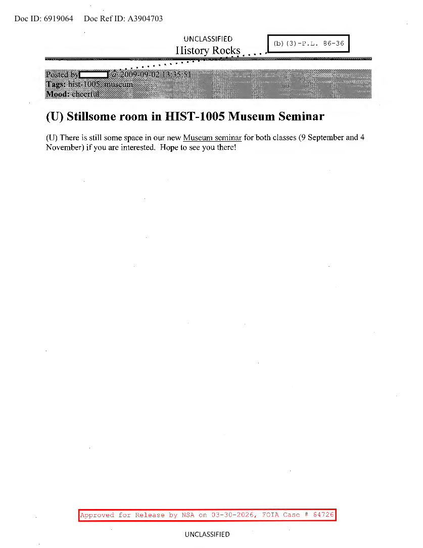  NSA HISTORY ROCKS-STILL SOME ROOM IN HIST-1005 MUSEUM SEMINAR