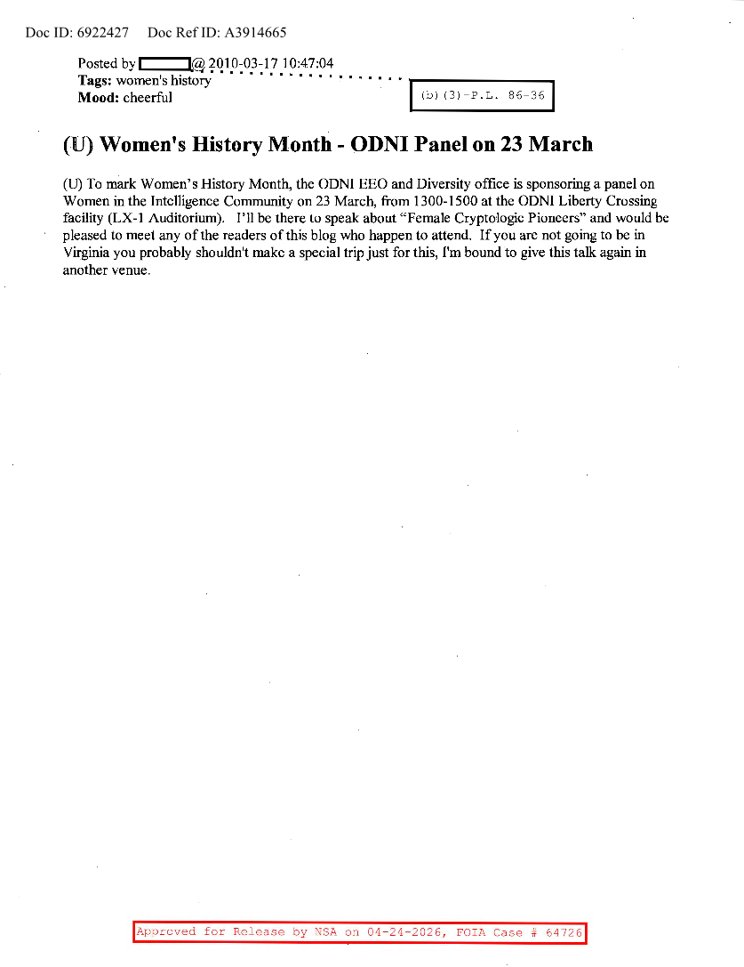  NSA HISTORY ROCKS-WOMEN'S HISTORY MONTH-ODNI PANEL ON 23 MARCH