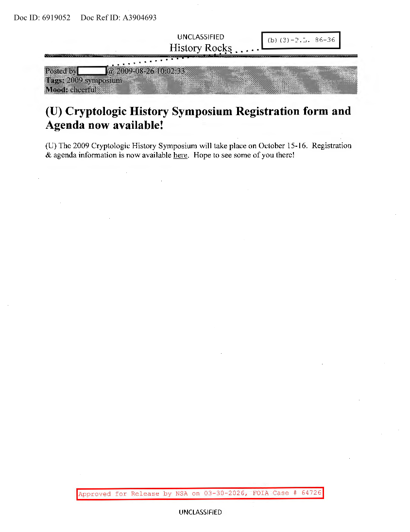  NSA HISTORY ROCKS-CRYPTOLOGIC HISTORY SYMPOSIUM REGISTRATION FORMAND AGENDA NOW AVAILABLE!
