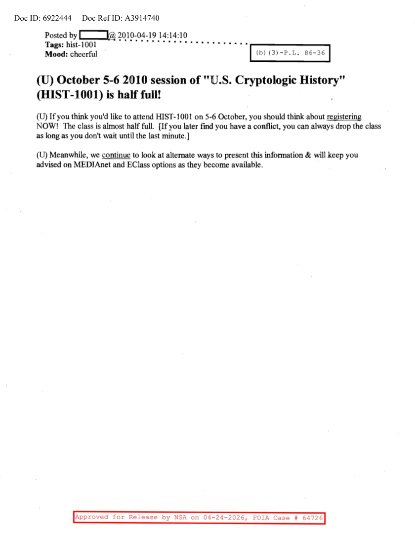  NSA HISTORY ROCKS-OCTOBER 5-6 2010 SESSION OF 'U.S. CRYPTOLOGIC HISTORY'...
