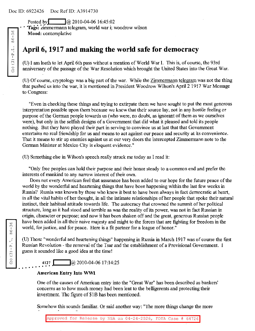  NSA HISTORY ROCKS-APRIL 6, 1917 AND MAKING THE WORLD SAFE FOR DEMOCRACY