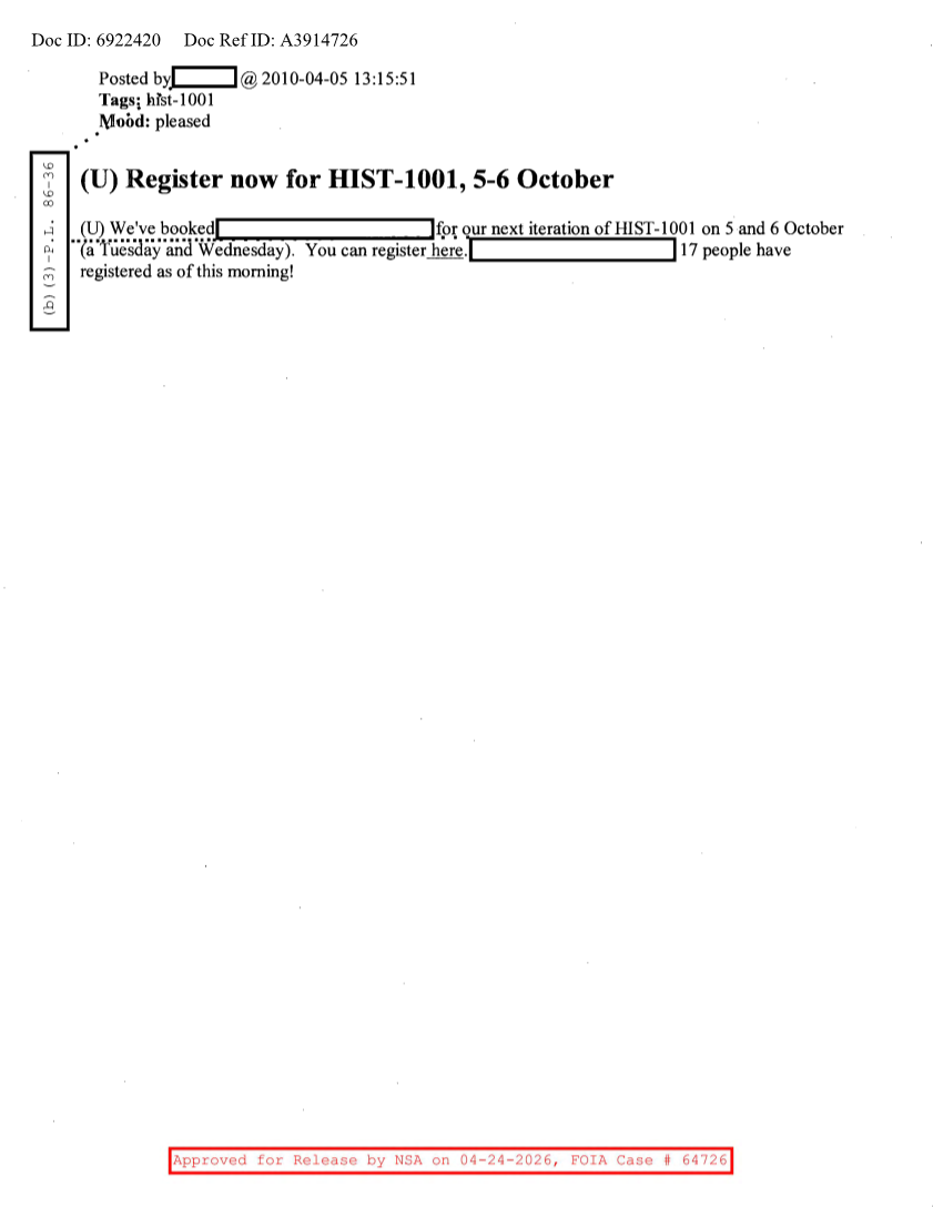  NSA HISTORY ROCKS-REGISTER NOW FOR HIST-1001, 5-6 OCTOBER