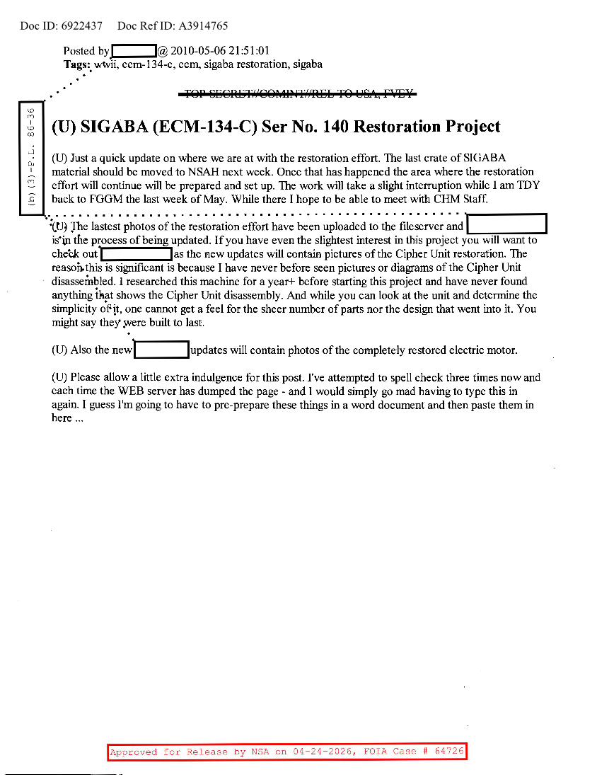 NSA HISTORY ROCKS-SIGABA-ECM-134-C-SER NO.140 RESTORATION PROJECT V7