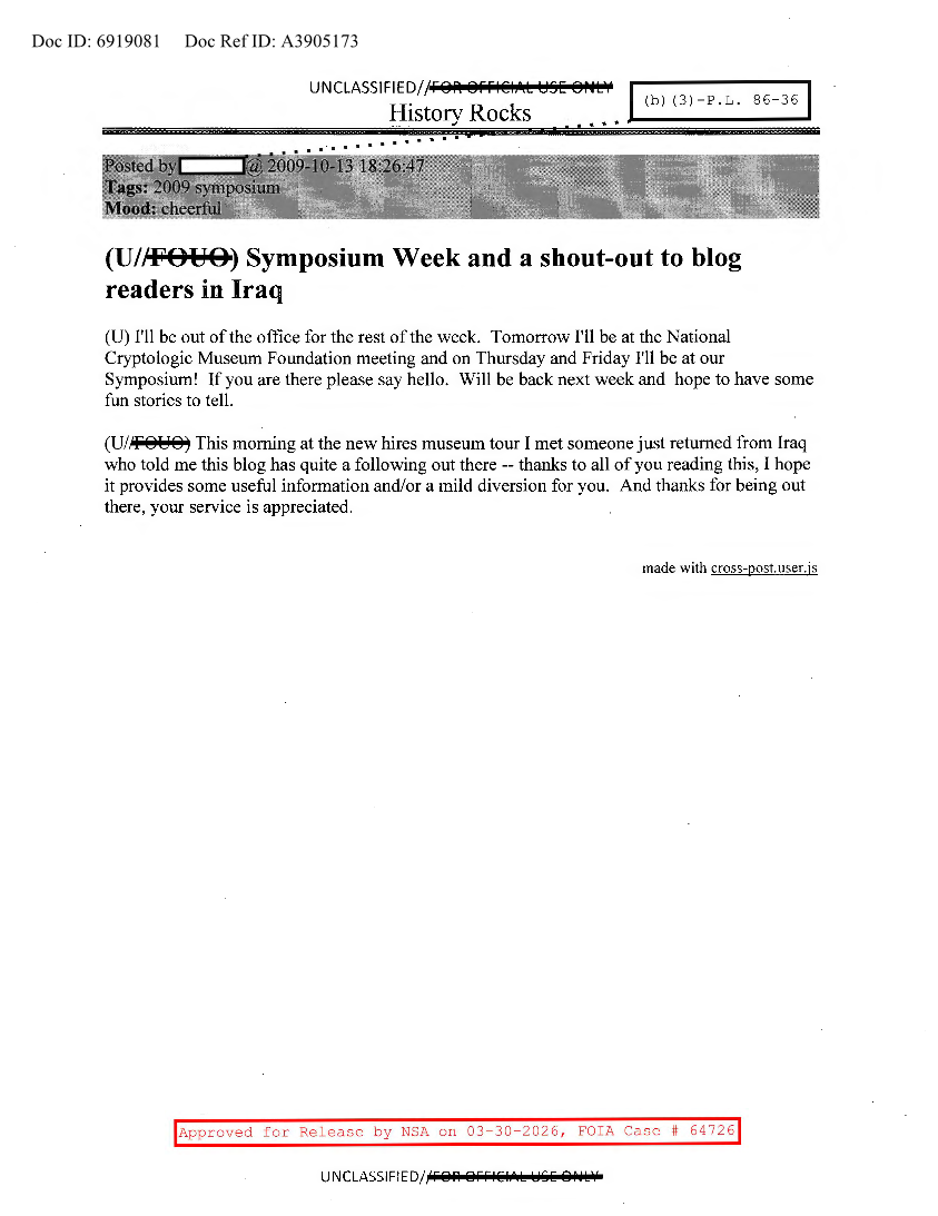  NSA HISTORY ROCKS-SYMPOSIUM WEEK AND A SHOUT-OUT TO BLOG READERS IN IRAQ