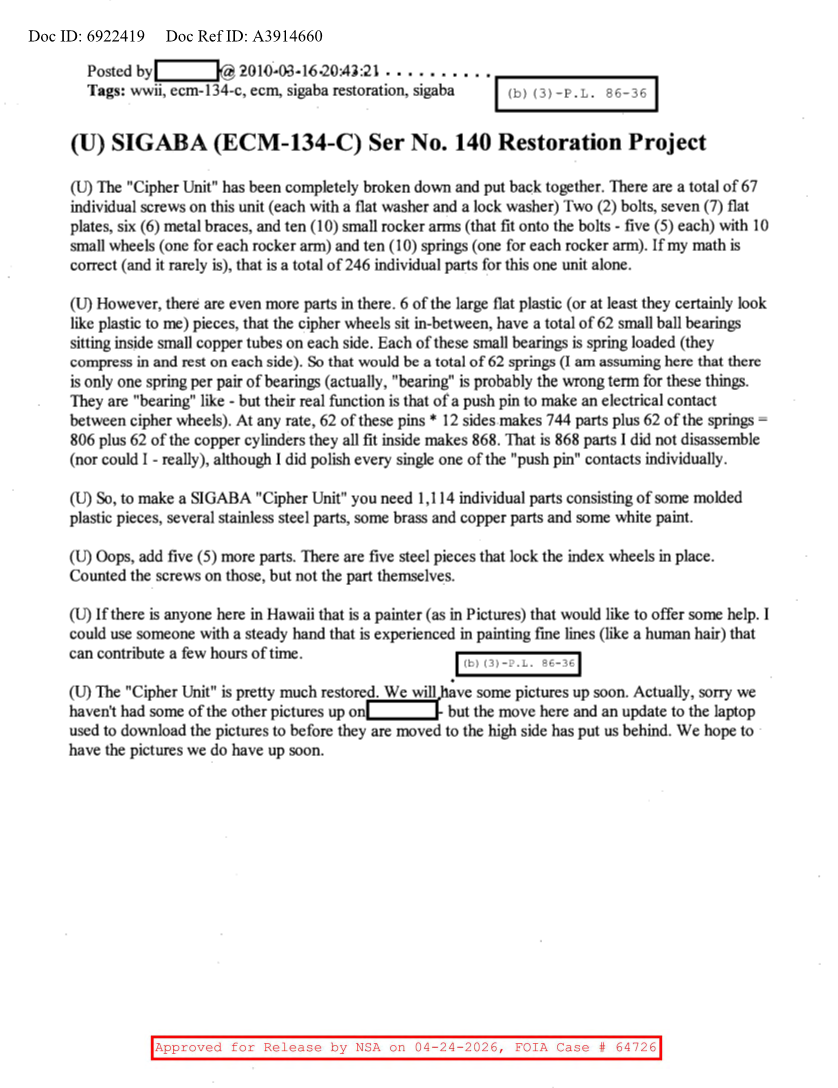  NSA HISTORY ROCKS-SIGABA-ECM-134-C-SER NO.140 RESTORATION PROJECT V3