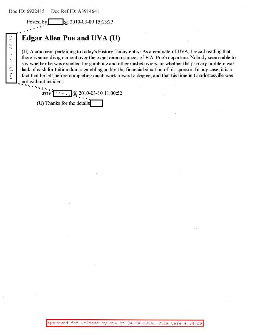  NSA HISTORY ROCKS-EDGAR ALLEN POE AND UVA