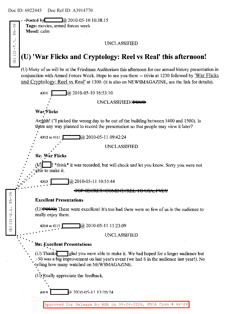  NSA HISTORY ROCKS-'WAR FLICKS AND CRYPTOLOGY-REEL VS REAL' THIS AFTERNOON!