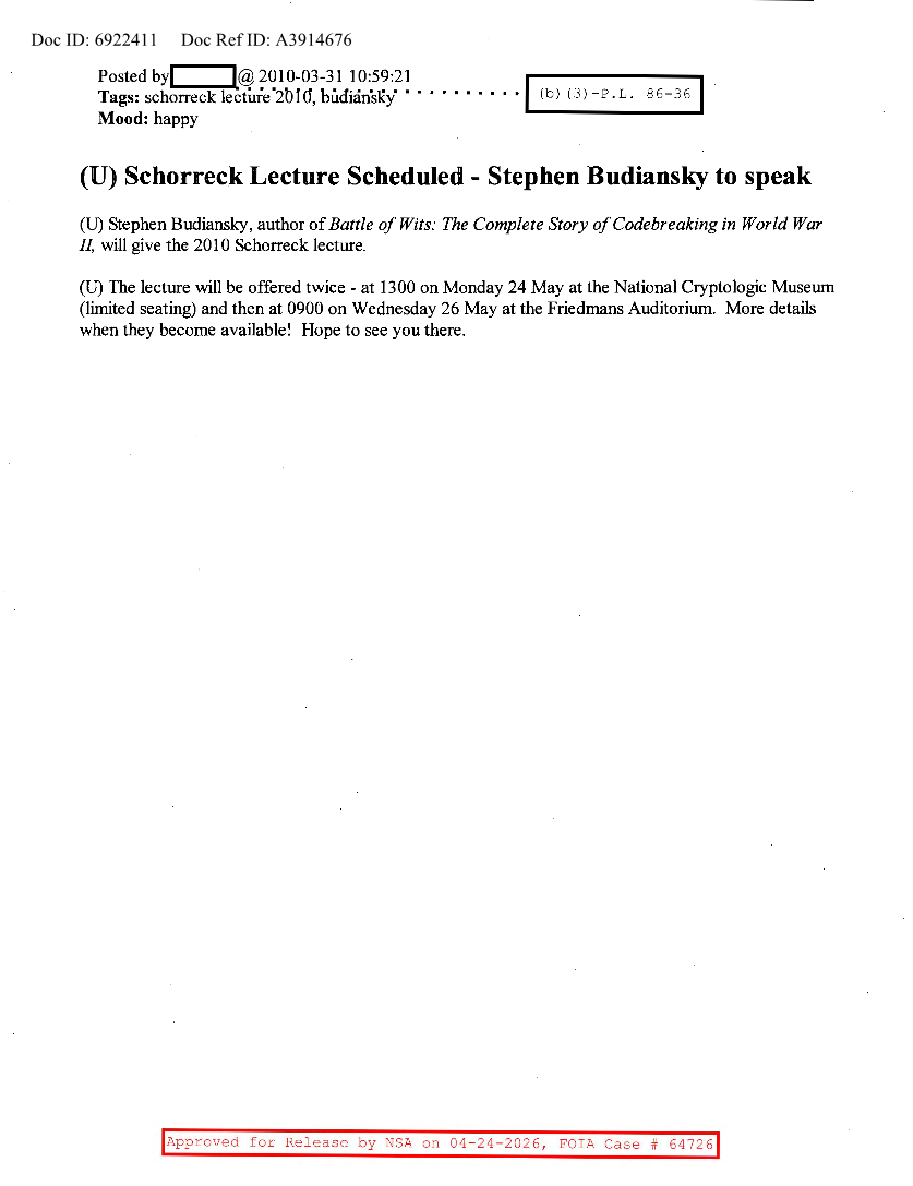  NSA HISTORY ROCKS-SCHORRECK LECTURE SCHEDULED-STEPHEN BUDIANSKY TO SPEAK