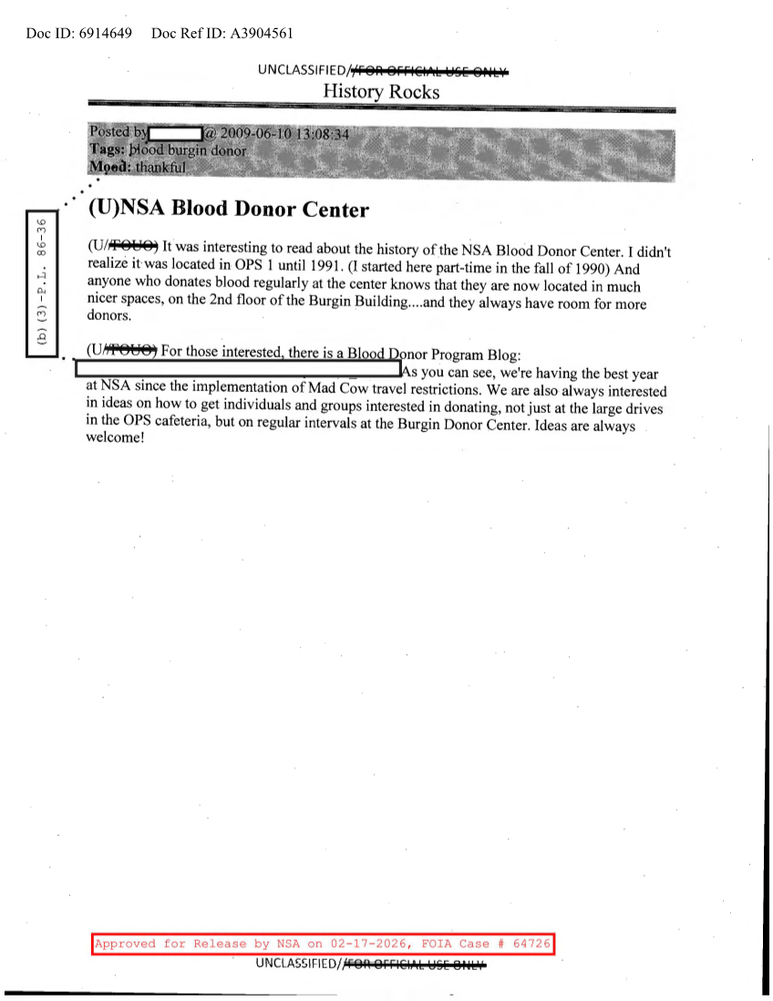  NSA HISTORY ROCKS-NSA BLOOD DONOR CENTER