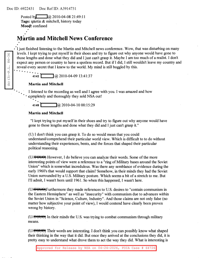  NSA HISTORY ROCKS-MARTIN AND MITCHELL NEWS CONFERENCE