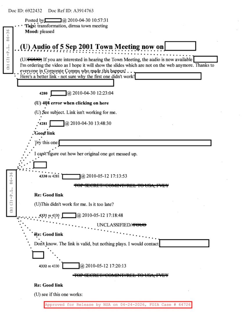  NSA HISTORY ROCKS-AUDIO OF 5 SEP 2001 TOWN MEETING NOW ON