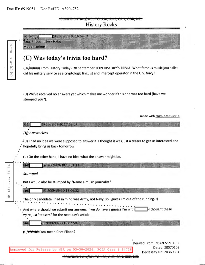  NSA HISTORY ROCKS-WAS TODAY'S TRIVIA TOO HARD