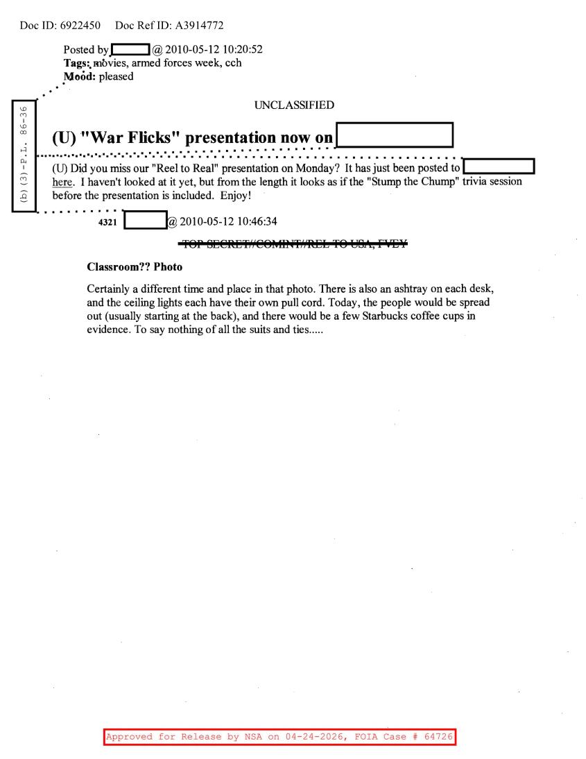  NSA HISTORY ROCKS-'WAR FLICKS' PRESENTATION NOW ON