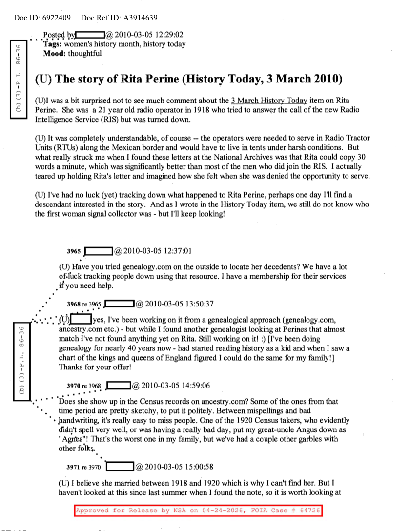  NSA History Rocks-The story of Rita Perine-History Today, 3 March 2010