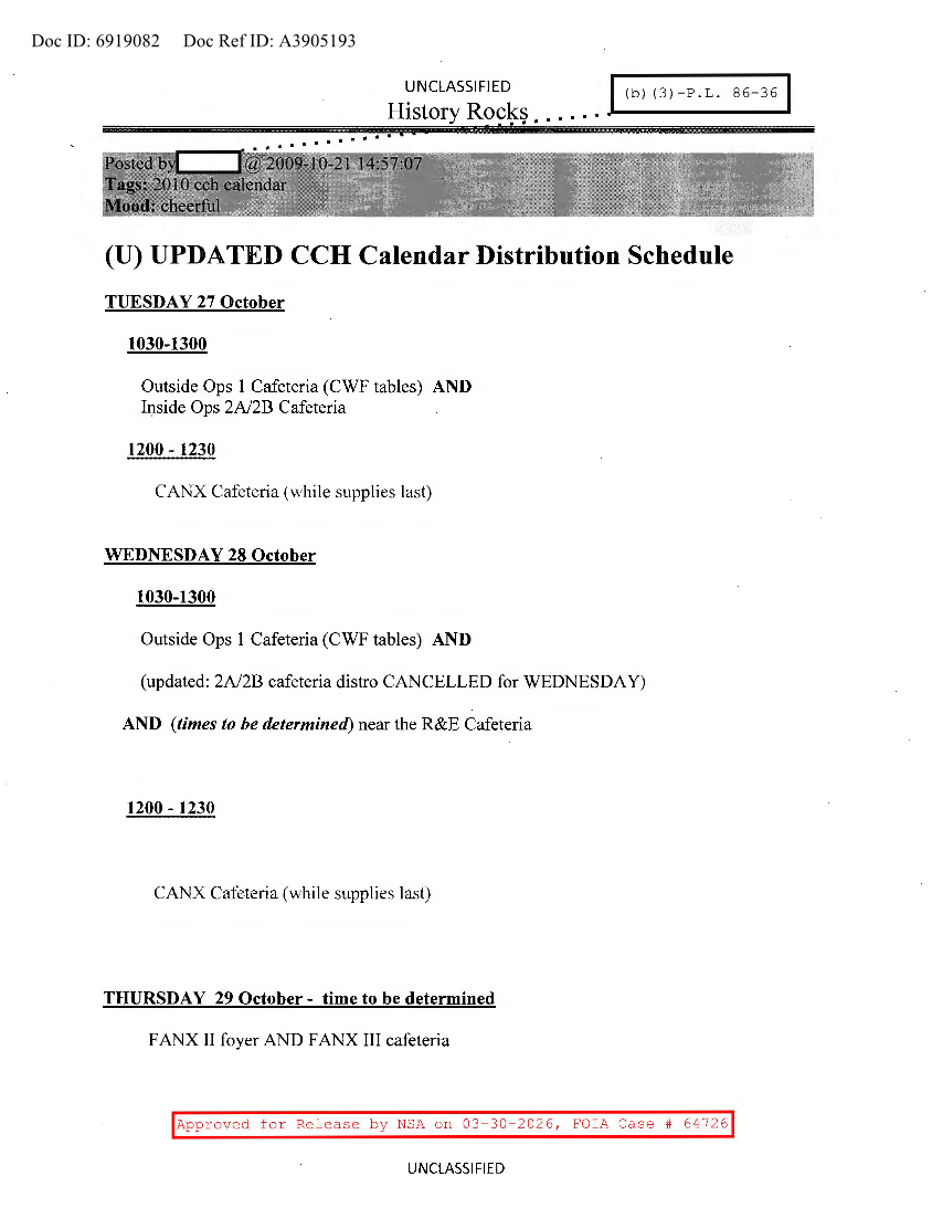  NSA HISTORY ROCKS-UPDATED CCH CALENDAR DISTRIBUTION SCHEDULE