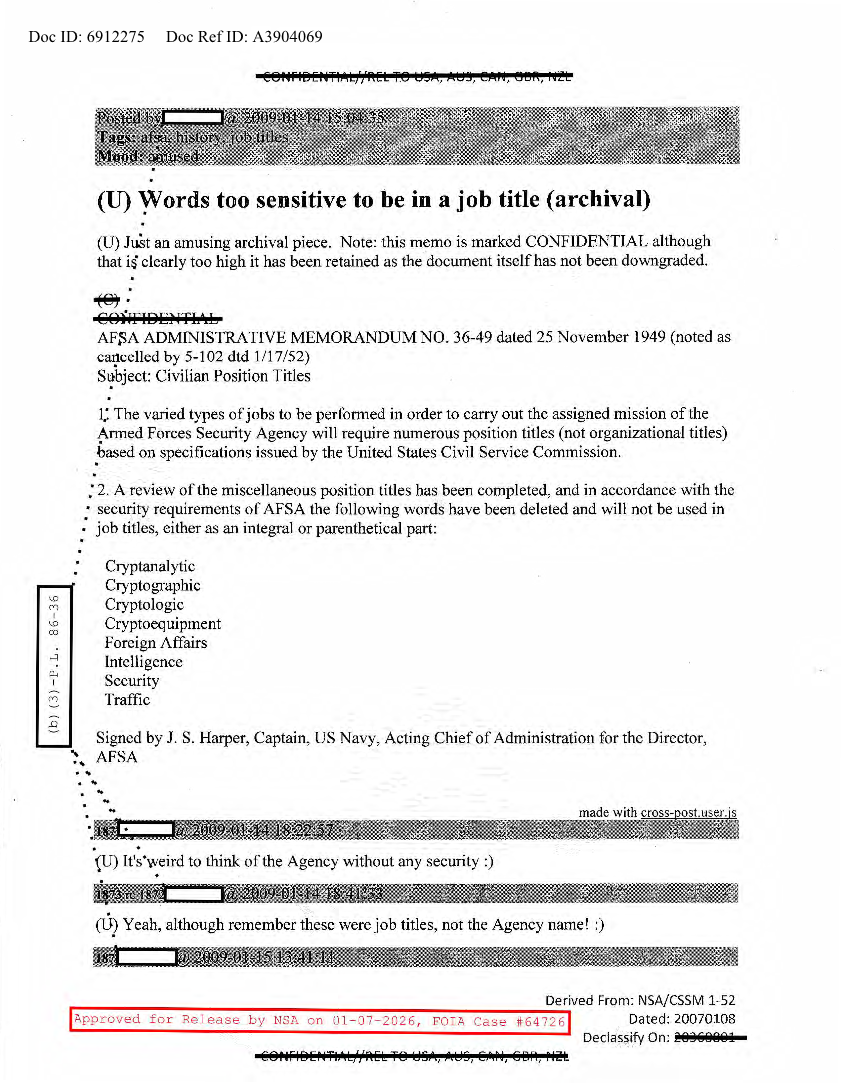  NSA HISTORY ROCKS-WORDS TOO SENSITIVE TO BE IN A JOB TITLE (ARCHIVAL)