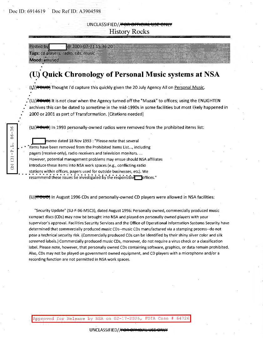  NSA HISTORY ROCKS-QUICK CHRONOLOGY OF PERSONAL MUSIC SYSTEMS AT NSA