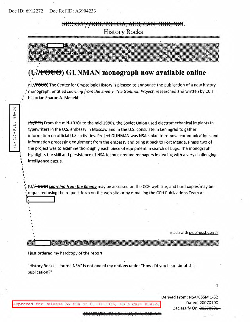  NSA HISTORY ROCKS-GUNMAN MONOGRAPH NOW AVAILABLE ONLINE
