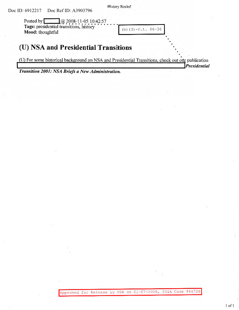  NSA HISTORY ROCKS-NSA AND PRESIDENTIAL TRANSITIONS