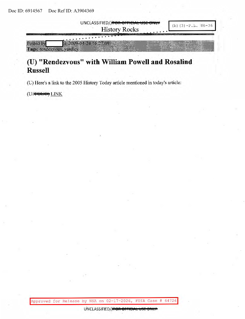  NSA HISTORY ROCKS-'RENDEZVOUS' WITH WILLIAM POWELL AND ROSALIND RUSSELL