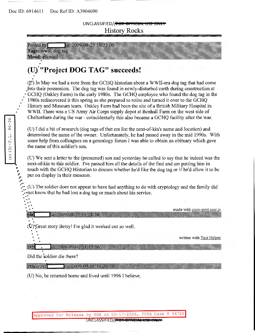  NSA HISTORY ROCKS-PROJECT DOG TAG SUCCEEDS