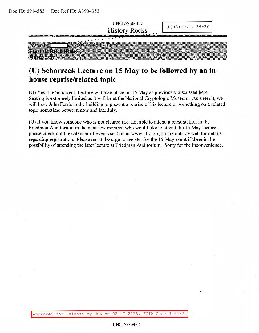  NSA HISTORY ROCKS-SCHORRECK LECTURE ON 15 MAY TO BE FOLLOWED BY AN IN-HOUSE REPRISE-RELATED TOPIC