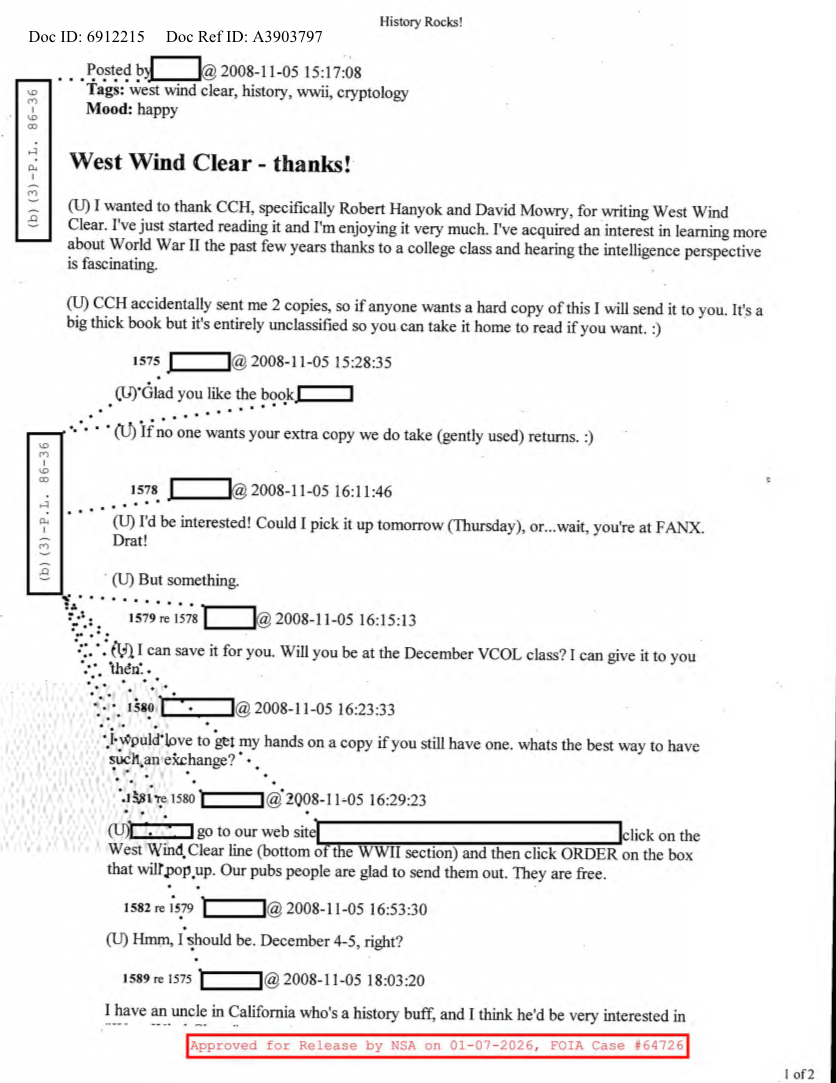  NSA HISTORY ROCKS-WEST WIND CLEAR-THANKS