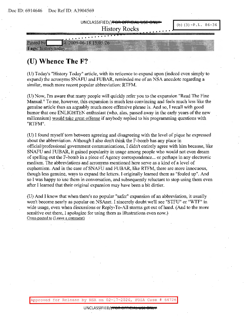  NSA HISTORY ROCKS-WHENCE THE F