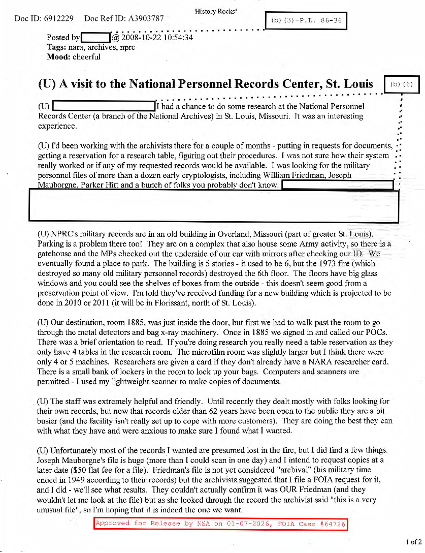  NSA HISTORY ROCKS-A VISIT TO THE NATIONAL PERSONNEL RECORDS CENTER, ST.LOUIS