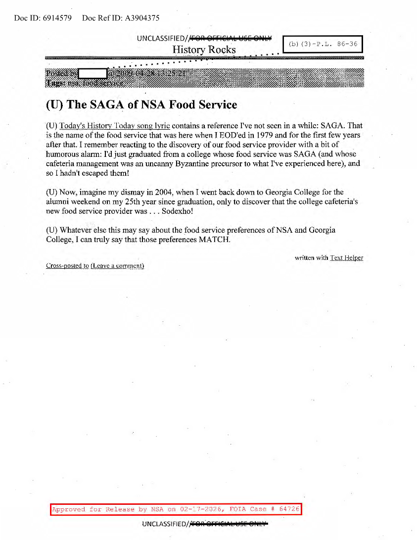  NSA HISTORY ROCKS-THE SAGA OF NSA FOOD SERVICE