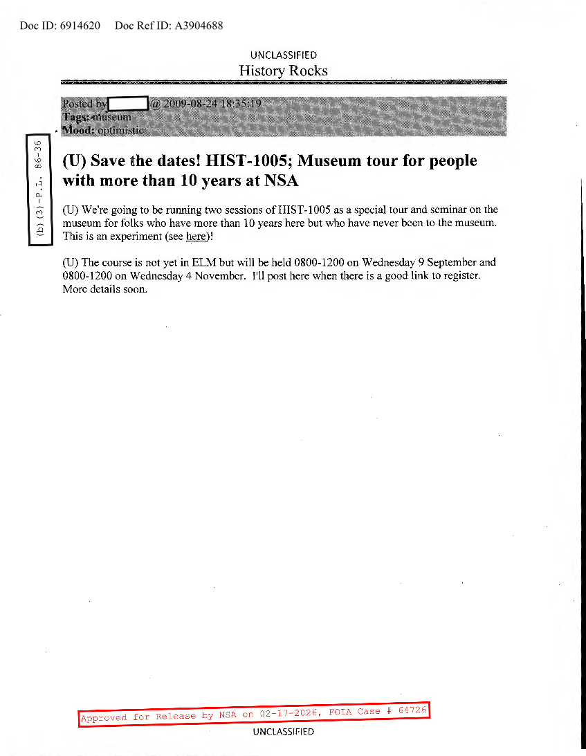  NSA HISTORY ROCKS-SAVE THE DATES! HIST-1005, MUSEUM TOUR FOR PEOPLE WITH MORE THAN 10 YEARS AT NSA