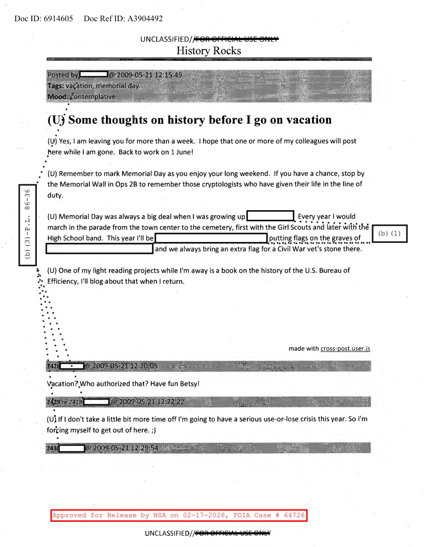  NSA HISTORY ROCKS-SOME THOUGHTS ON HISTORY BEFORE I GO ON VACATION