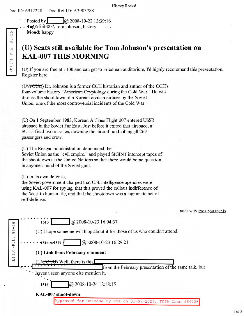  NSA HISTORY ROCKS-SEATS AVAILABLE FOR TOM JOHSON'S PRESENTATION ON KAL-007 THIS MORNING