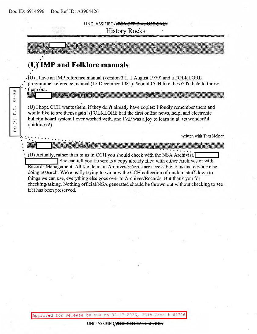  NSA HISTORY ROCKS-IMP AND FOLKLORE MANUALS