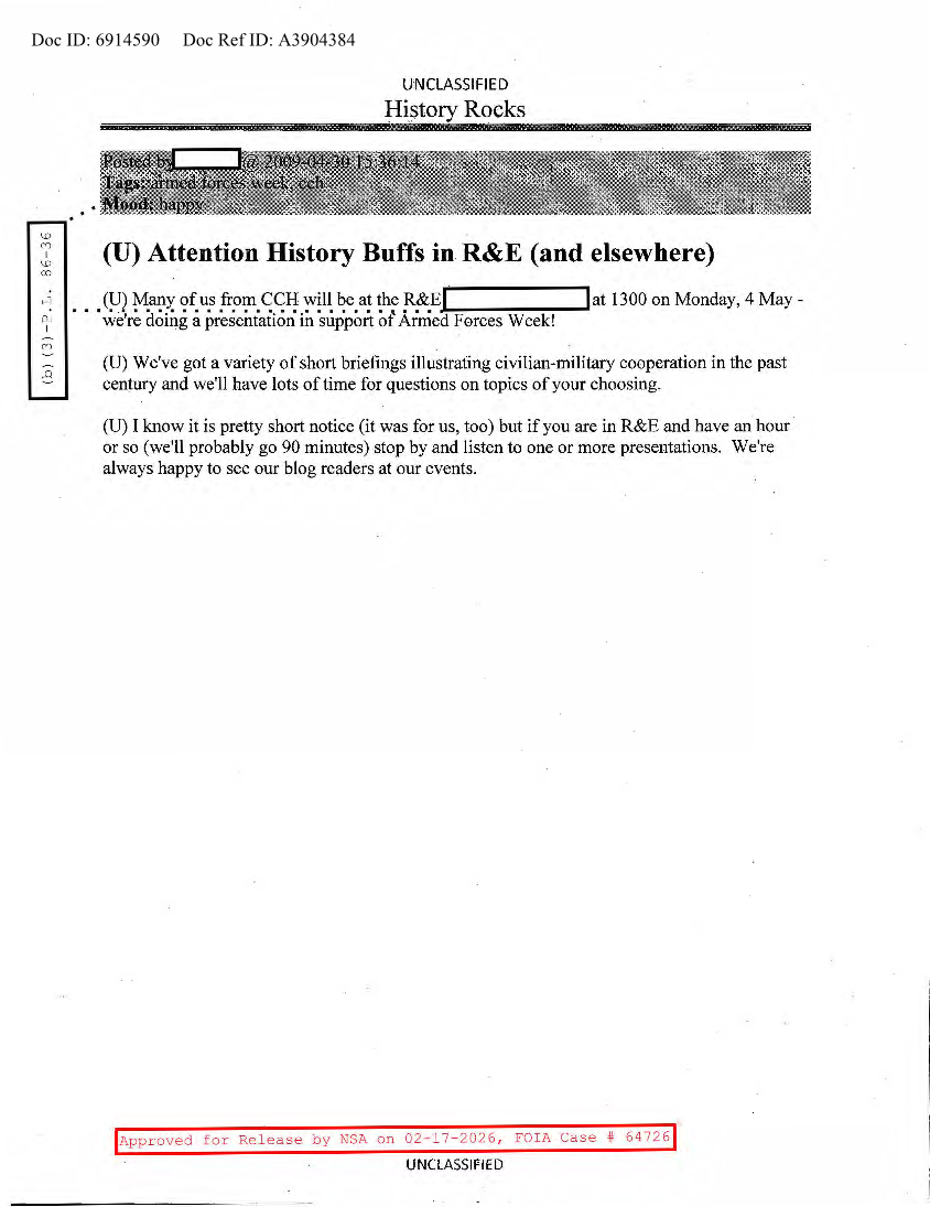  NSA HISTORY ROCKS-ATTENTION HISTORY BUFFS IN R&E AND ELSEWHERE