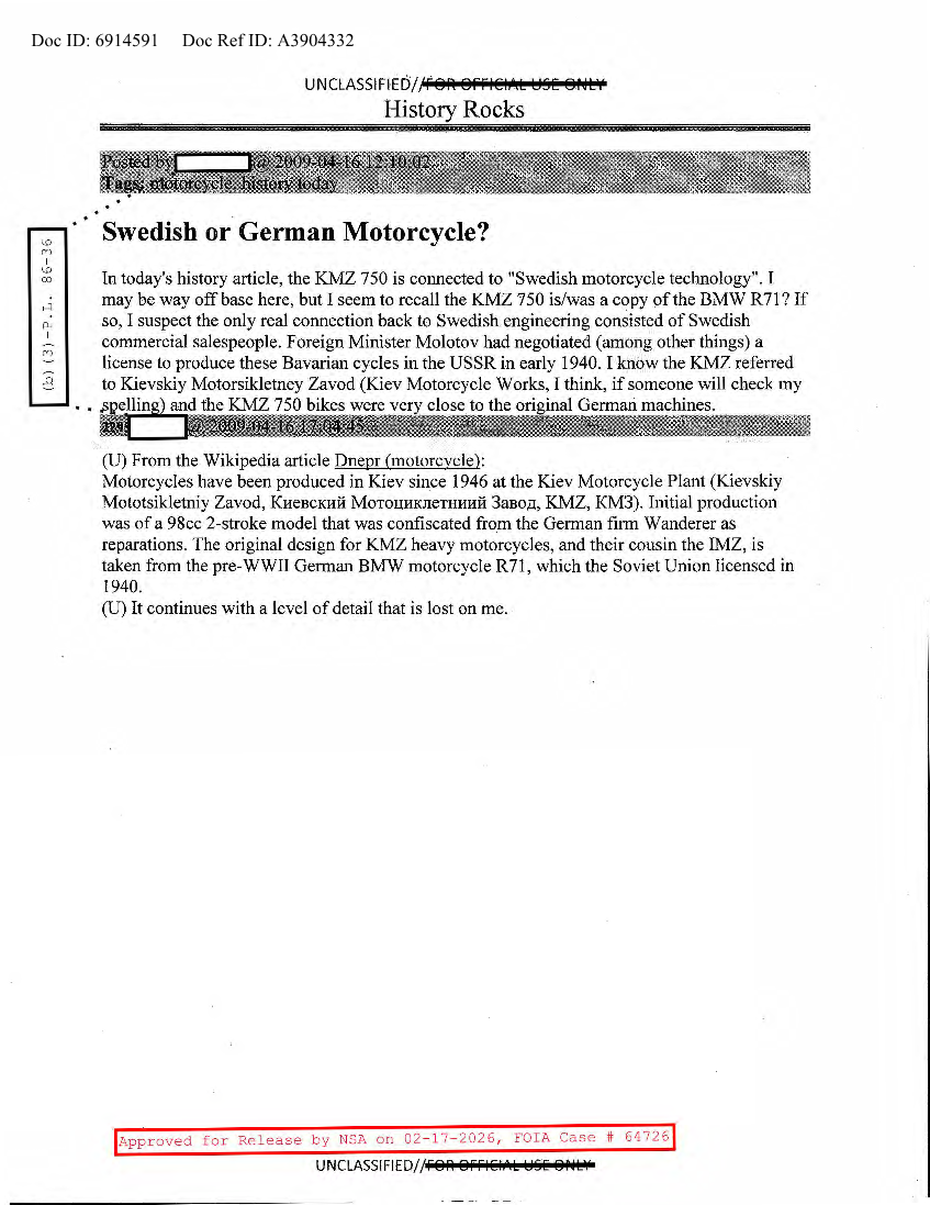  NSA HISTORY ROCKS-SWEDISH OR GERMAN MOTORCYCLE
