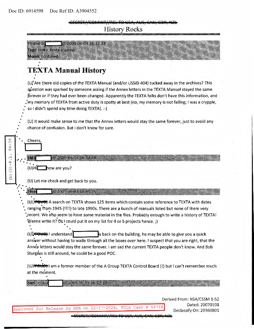  NSA HISTORY ROCKS-TEXTA MANUAL HISTORY