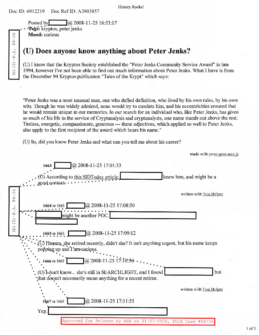  NSA HISTORY ROCKS-DOES ANYONE KNOW ANYTHING ABOUT PETER JENKS