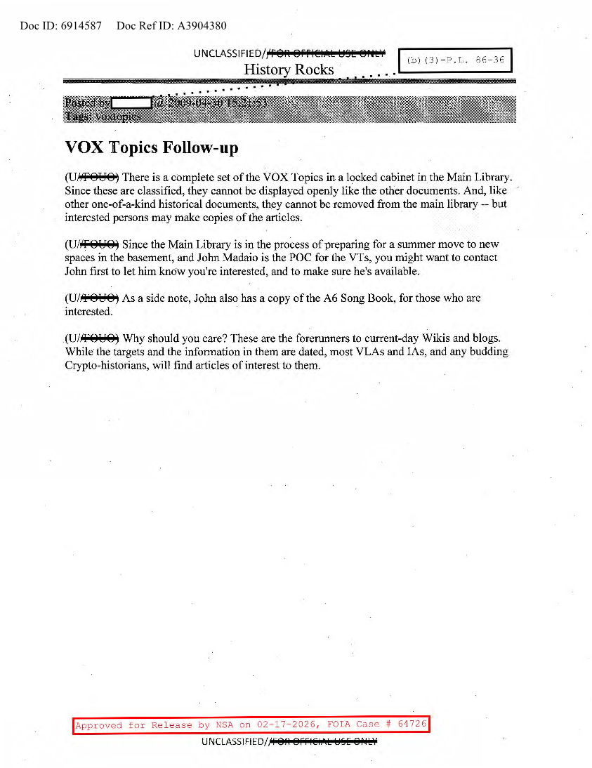  NSA HISTORY ROCKS-VOX TOPICS FOLLOW-UP