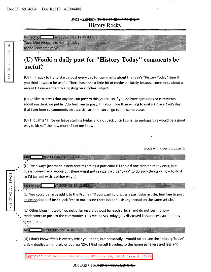  NSA HISTORY ROCKS-WOULD A DAILY POST FOR HISTORY TODAY COMMENTS BE USEFUL
