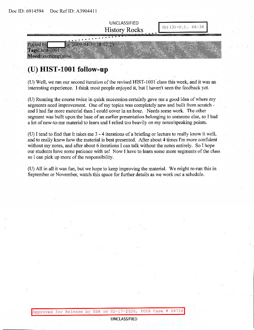  NSA HISTORY ROCKS-HIST-1001 FOLLOW-UP