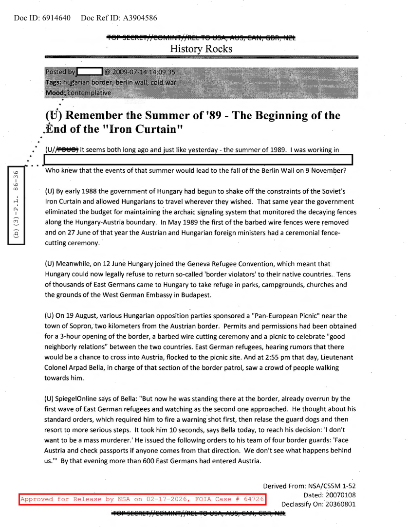  NSA HISTORY ROCKS-REMEMBER THE SUMMER OF 89-THE BEGINNING OF THE END OF THE IRON CURTAIN